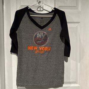 Adidas Women New York Islanders Hockey 3/4 Sleeve Tee - Gray and Navy